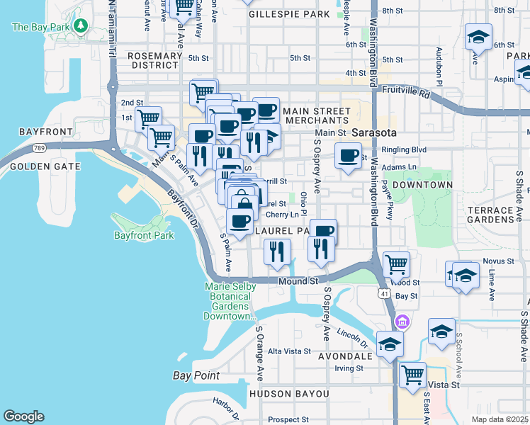 map of restaurants, bars, coffee shops, grocery stores, and more near 1640 Laurel Street in Sarasota