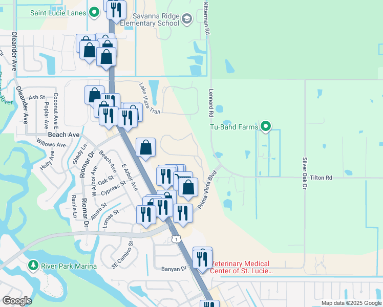 map of restaurants, bars, coffee shops, grocery stores, and more near 7779 Pine Lakes Boulevard in Port St. Lucie