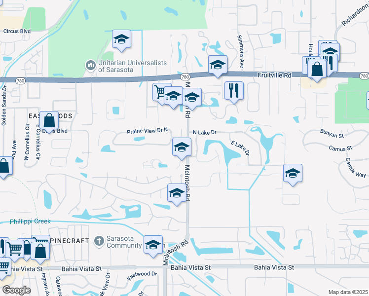 map of restaurants, bars, coffee shops, grocery stores, and more near 4400 West Lake Way in Sarasota