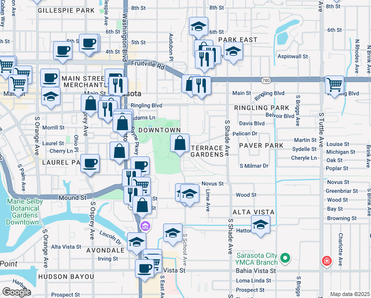 map of restaurants, bars, coffee shops, grocery stores, and more near 581 South School Avenue in Sarasota
