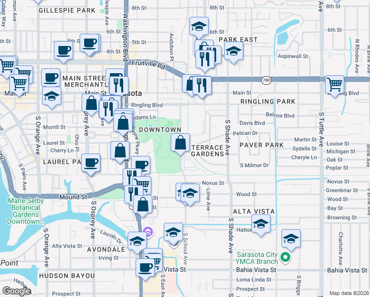 map of restaurants, bars, coffee shops, grocery stores, and more near 581 South School Avenue in Sarasota