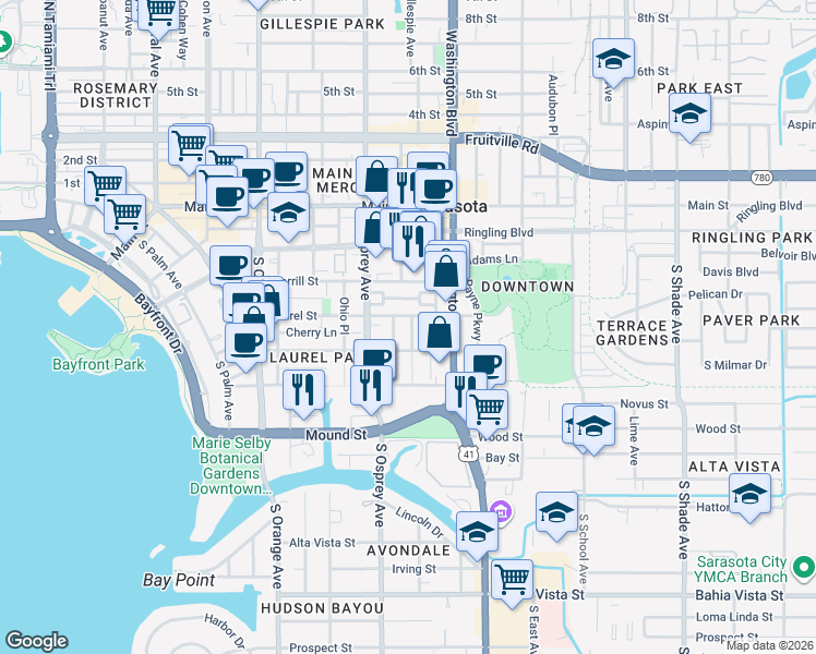 map of restaurants, bars, coffee shops, grocery stores, and more near 518 Columbia Court in Sarasota