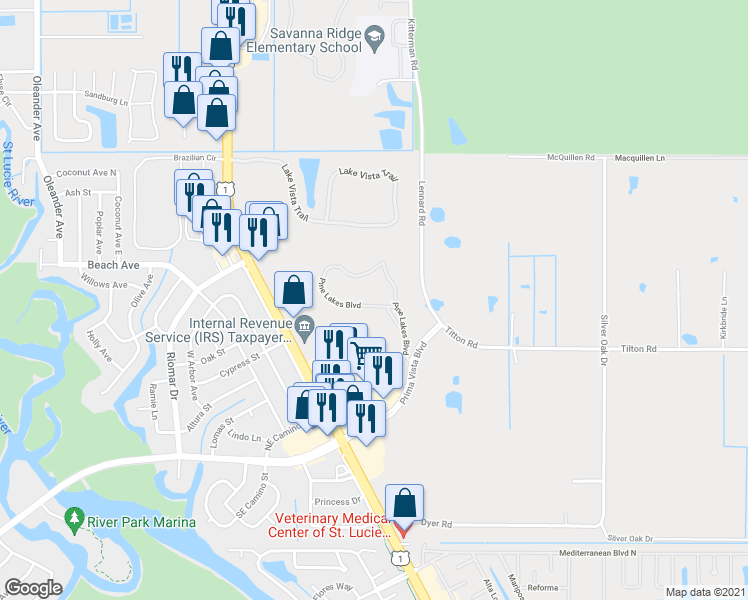 map of restaurants, bars, coffee shops, grocery stores, and more near 7279 Pine Lakes Boulevard in Port St. Lucie