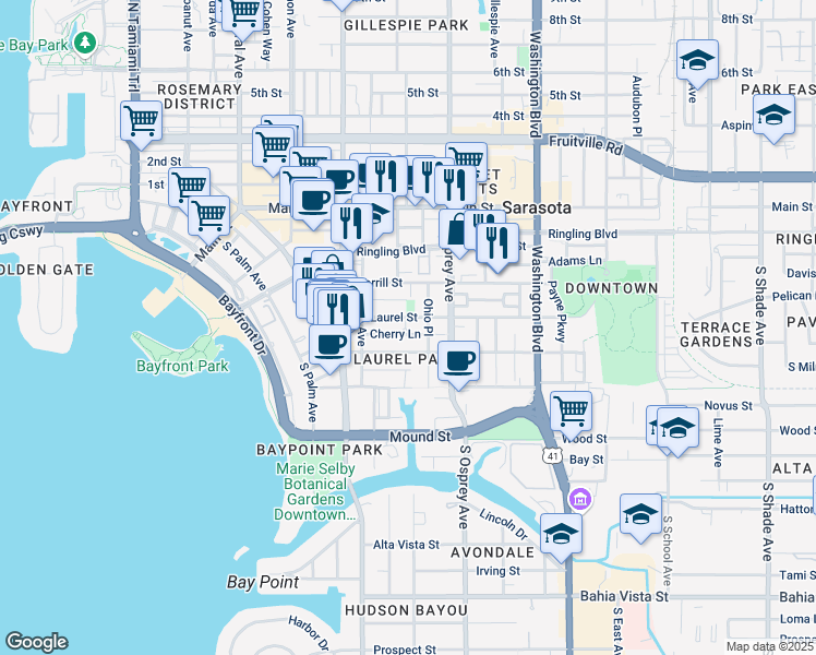 map of restaurants, bars, coffee shops, grocery stores, and more near 1718 Laurel Street in Sarasota