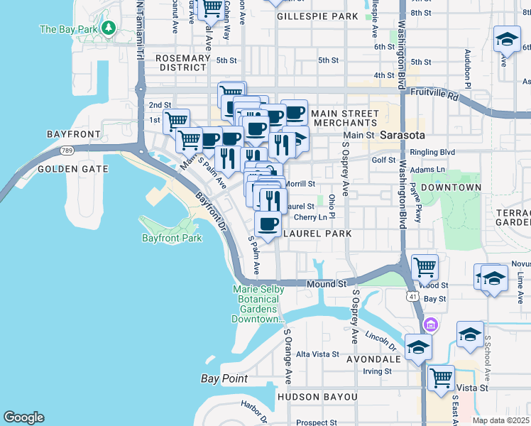 map of restaurants, bars, coffee shops, grocery stores, and more near 1530 Dolphin Street in Sarasota