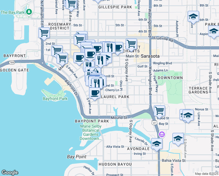 map of restaurants, bars, coffee shops, grocery stores, and more near 1644 Dolphin Lane in Sarasota