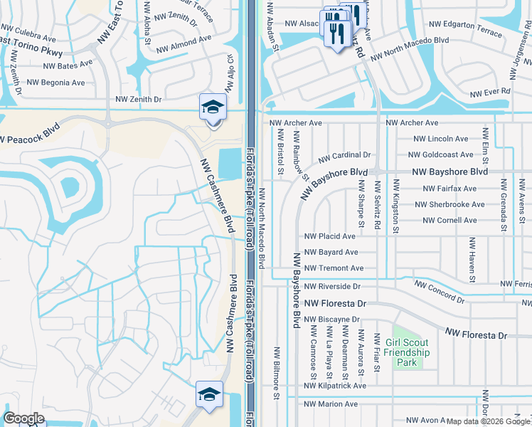 map of restaurants, bars, coffee shops, grocery stores, and more near 663 Northwest North Macedo Boulevard in Port St. Lucie