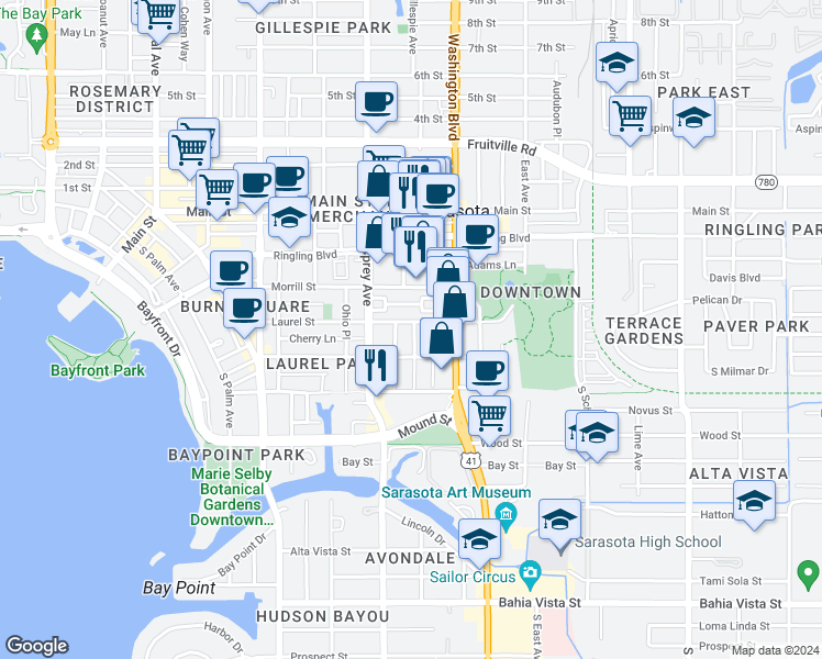 map of restaurants, bars, coffee shops, grocery stores, and more near 510 Columbia Court in Sarasota