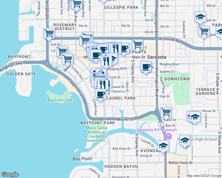 map of restaurants, bars, coffee shops, grocery stores, and more near 1636 Laurel Street in Sarasota