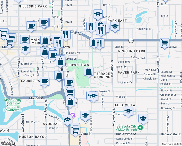 map of restaurants, bars, coffee shops, grocery stores, and more near 332 Pelican Circle in Sarasota