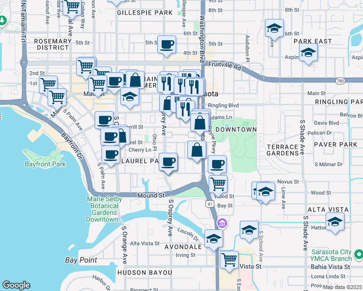 map of restaurants, bars, coffee shops, grocery stores, and more near 1860 Hawkins Court in Sarasota