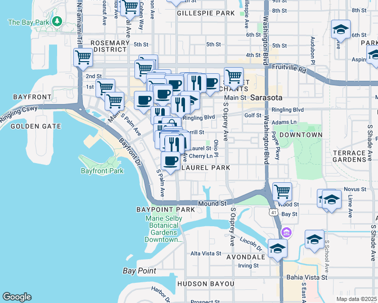 map of restaurants, bars, coffee shops, grocery stores, and more near 1644 Dolphin Lane in Sarasota