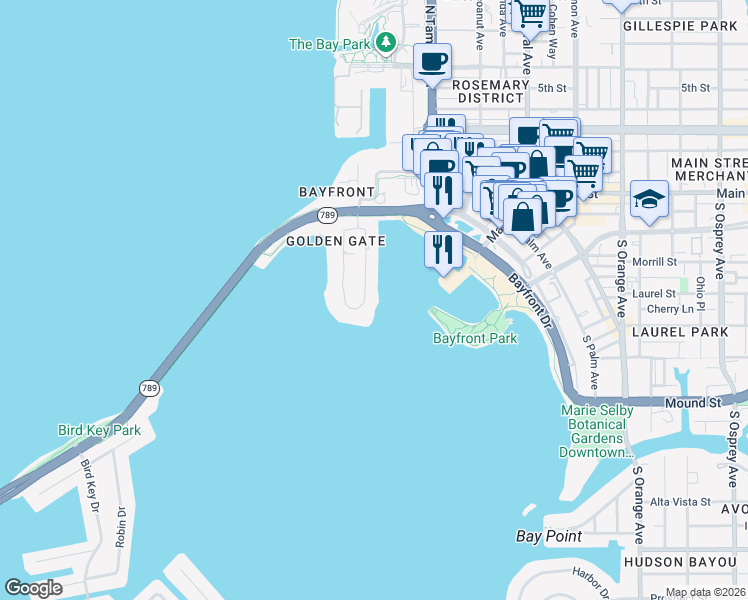 map of restaurants, bars, coffee shops, grocery stores, and more near 522 Golden Gate Point in Sarasota