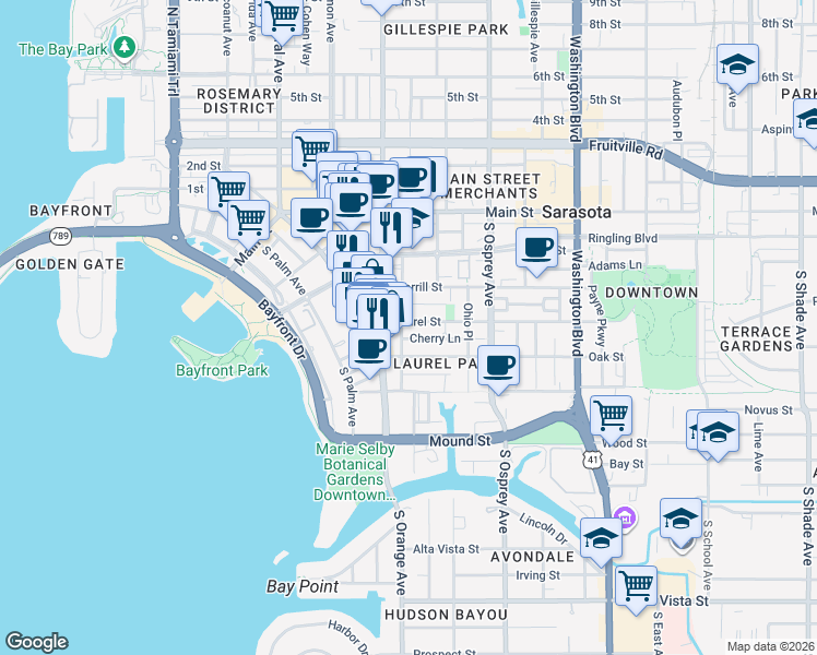 map of restaurants, bars, coffee shops, grocery stores, and more near 1638 Laurel Street in Sarasota
