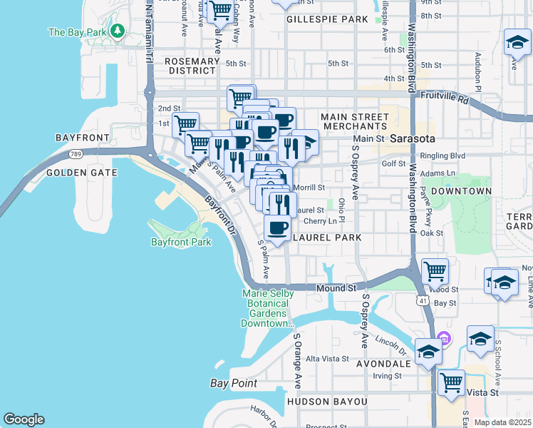 map of restaurants, bars, coffee shops, grocery stores, and more near Burns Court in Sarasota