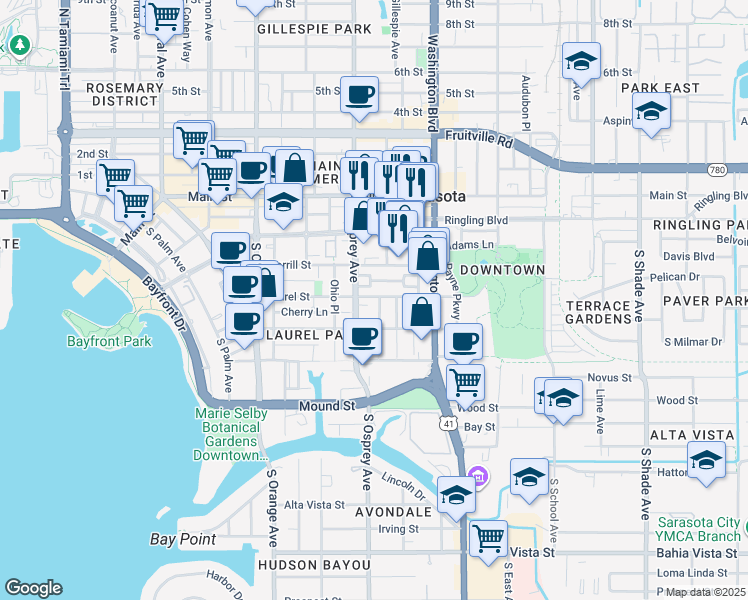 map of restaurants, bars, coffee shops, grocery stores, and more near 1860 Hawkins Court in Sarasota