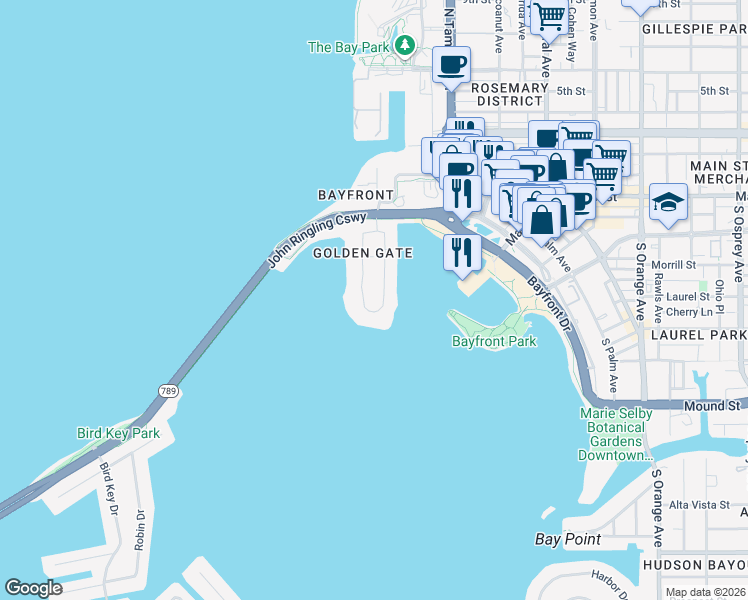 map of restaurants, bars, coffee shops, grocery stores, and more near 522 Golden Gate Point in Sarasota