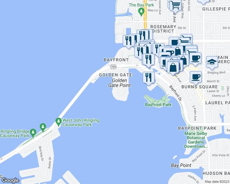 map of restaurants, bars, coffee shops, grocery stores, and more near 280 Golden Gate Point in Sarasota