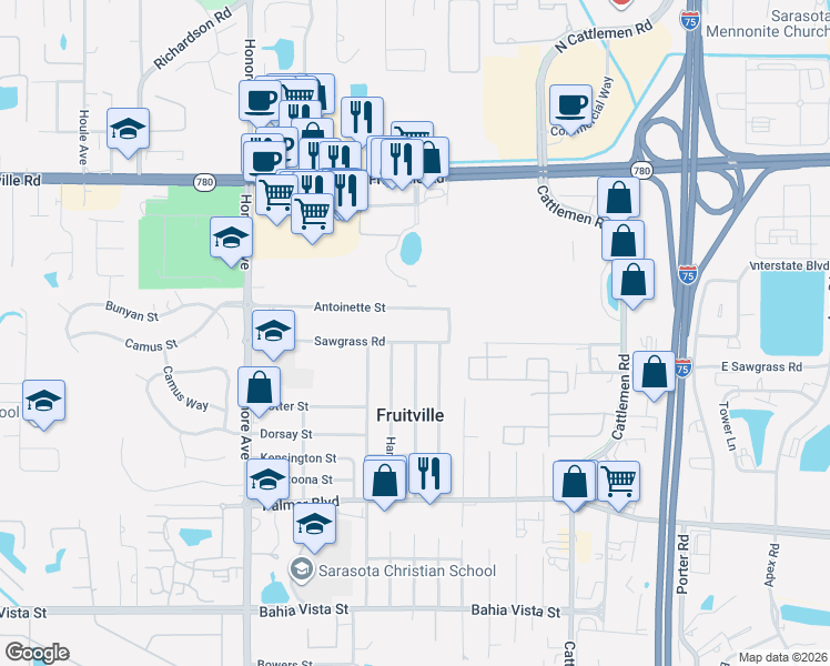 map of restaurants, bars, coffee shops, grocery stores, and more near 5534 Antoinette Street in Sarasota