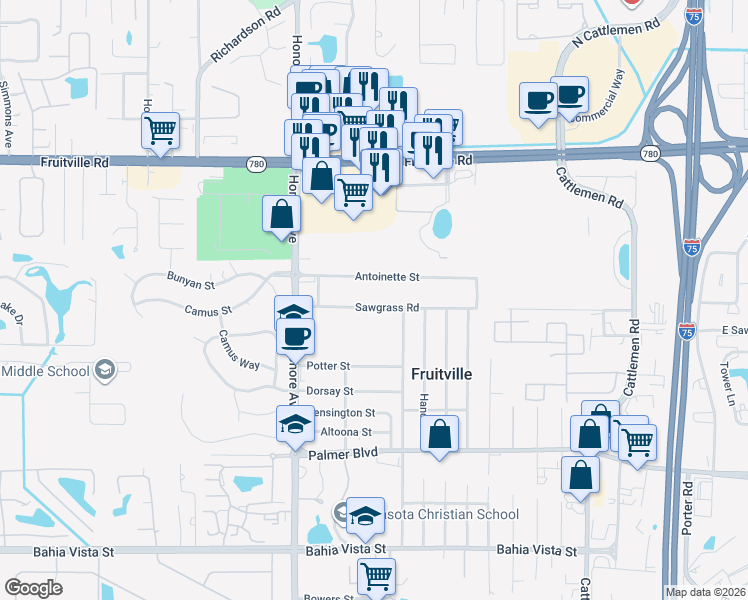 map of restaurants, bars, coffee shops, grocery stores, and more near 5424 Antoinette Street in Sarasota