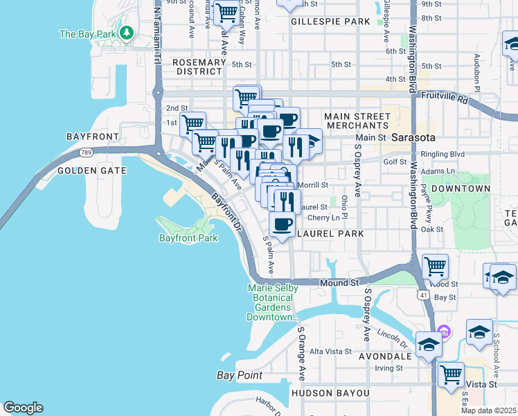 map of restaurants, bars, coffee shops, grocery stores, and more near in Sarasota