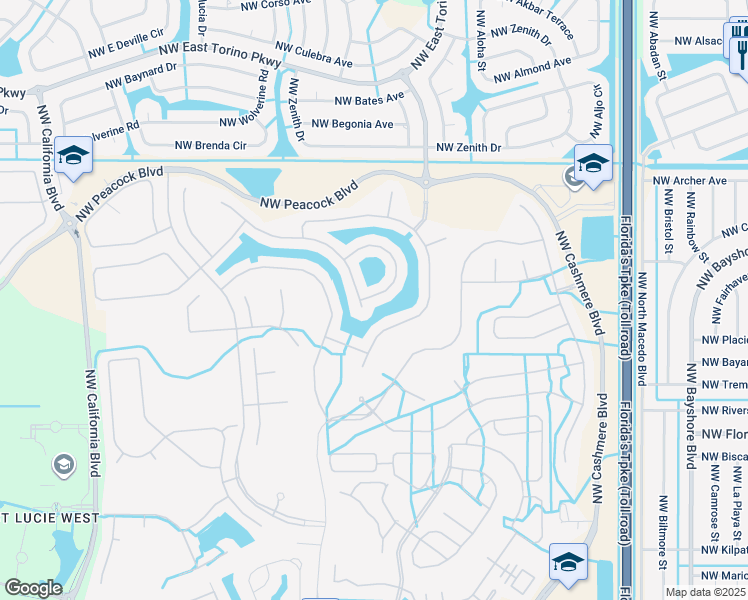 map of restaurants, bars, coffee shops, grocery stores, and more near 360 Shoreline Circle in Port St. Lucie