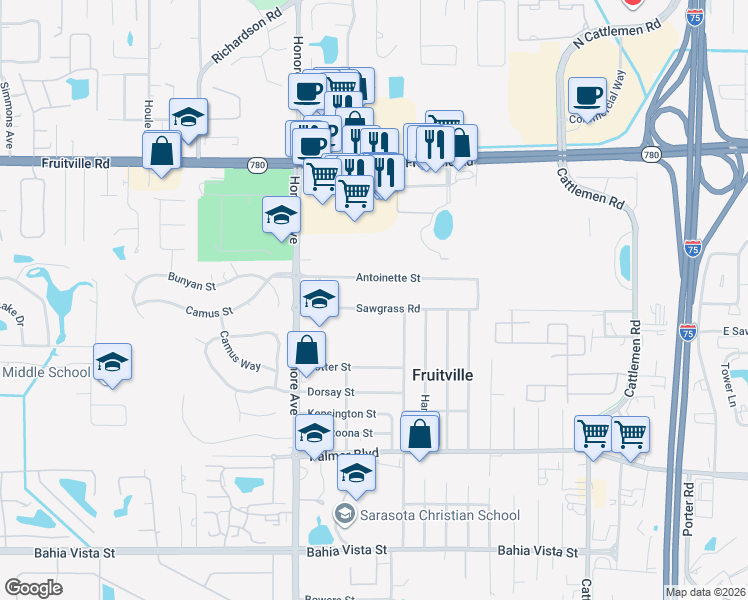 map of restaurants, bars, coffee shops, grocery stores, and more near 5424 Antoinette Street in Sarasota