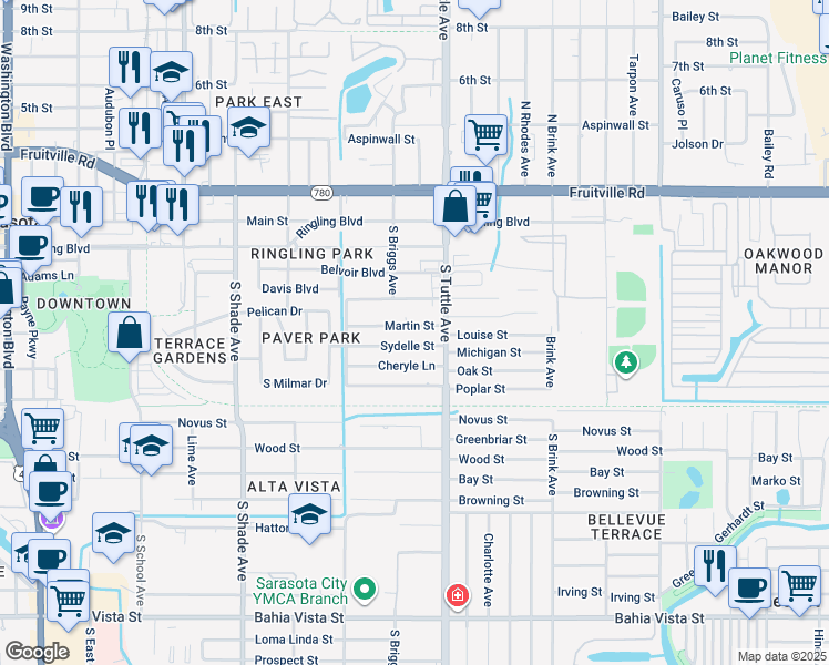 map of restaurants, bars, coffee shops, grocery stores, and more near 2753 Martin Street in Sarasota