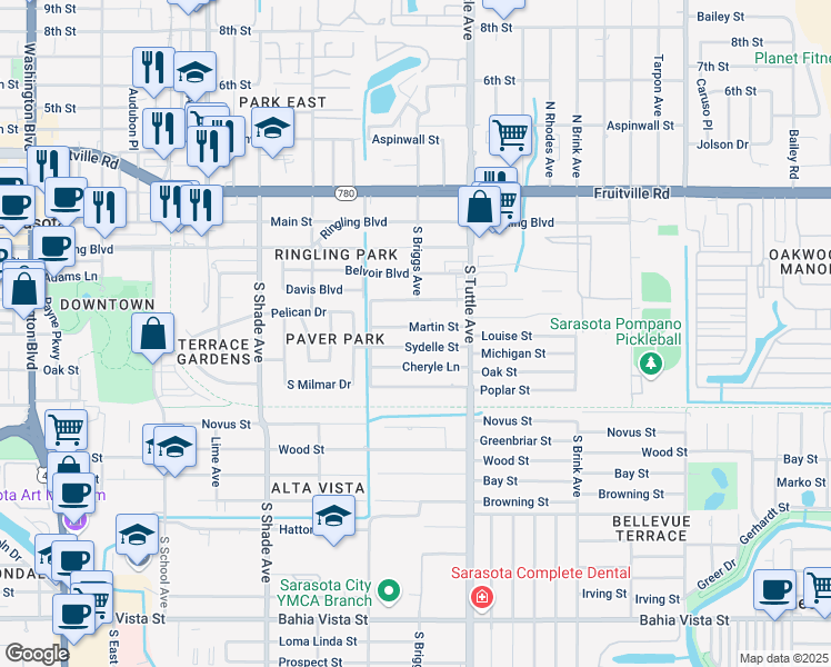 map of restaurants, bars, coffee shops, grocery stores, and more near 2665 Martin Street in Sarasota