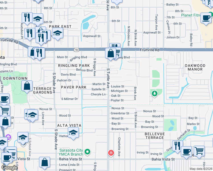 map of restaurants, bars, coffee shops, grocery stores, and more near 2753 Martin Street in Sarasota