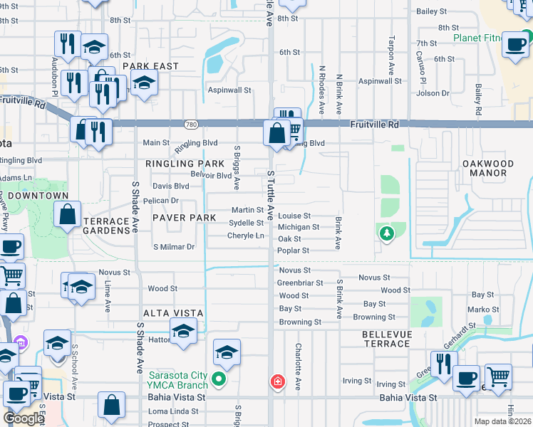 map of restaurants, bars, coffee shops, grocery stores, and more near 2753 Martin Street in Sarasota