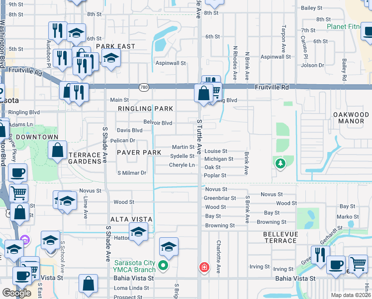 map of restaurants, bars, coffee shops, grocery stores, and more near 2753 Martin Street in Sarasota