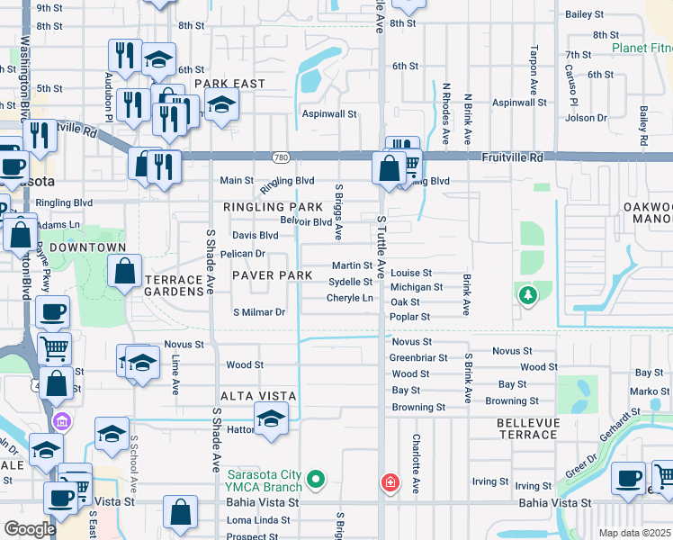 map of restaurants, bars, coffee shops, grocery stores, and more near 2665 Martin Street in Sarasota