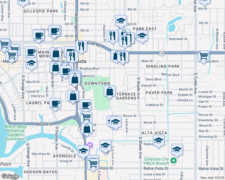 map of restaurants, bars, coffee shops, grocery stores, and more near 332 Pelican Circle in Sarasota
