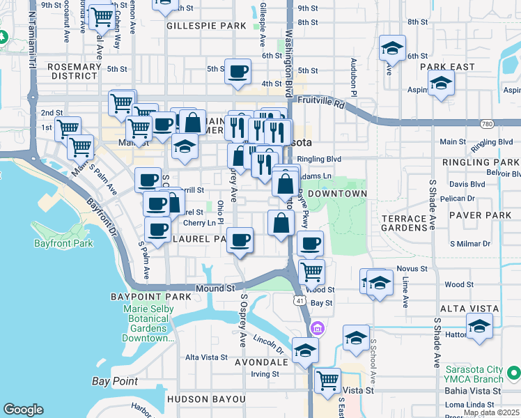 map of restaurants, bars, coffee shops, grocery stores, and more near 1860 Hawkins Court in Sarasota