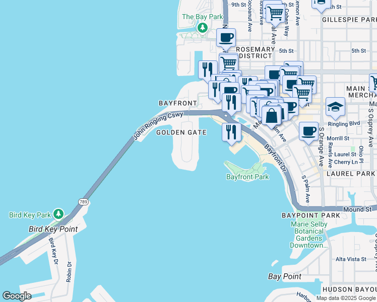 map of restaurants, bars, coffee shops, grocery stores, and more near 522 Golden Gate Point in Sarasota