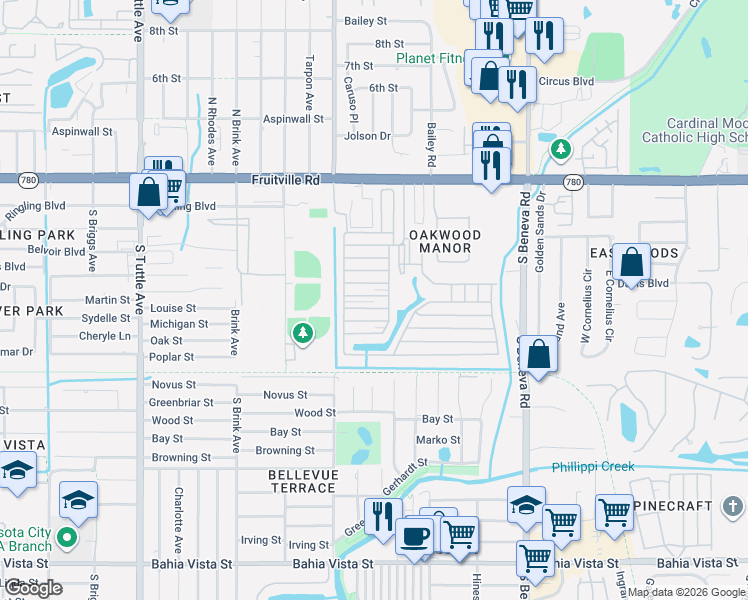 map of restaurants, bars, coffee shops, grocery stores, and more near 3220 Sweet Gum Terrace in Sarasota