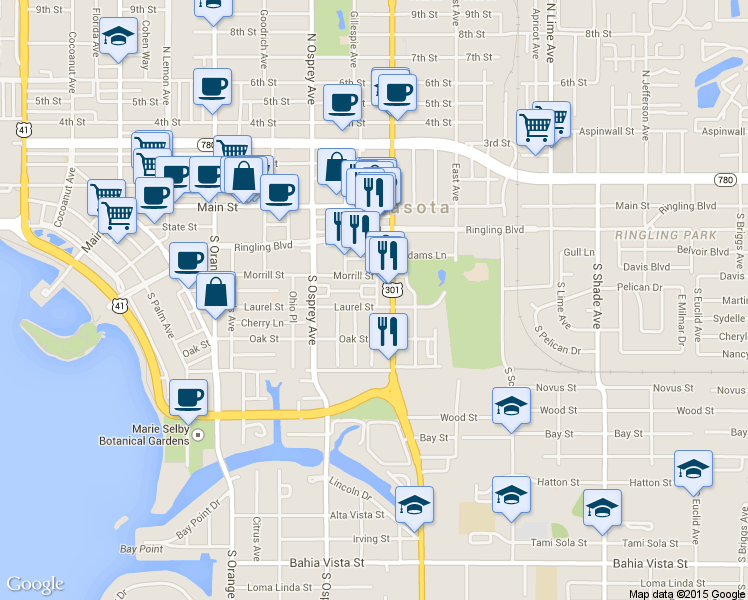 map of restaurants, bars, coffee shops, grocery stores, and more near 405 Julia Place in Sarasota