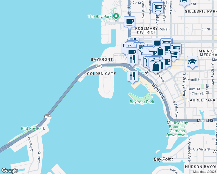 map of restaurants, bars, coffee shops, grocery stores, and more near 522 Golden Gate Point in Sarasota