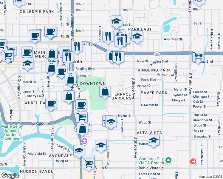 map of restaurants, bars, coffee shops, grocery stores, and more near 332 Pelican Circle in Sarasota