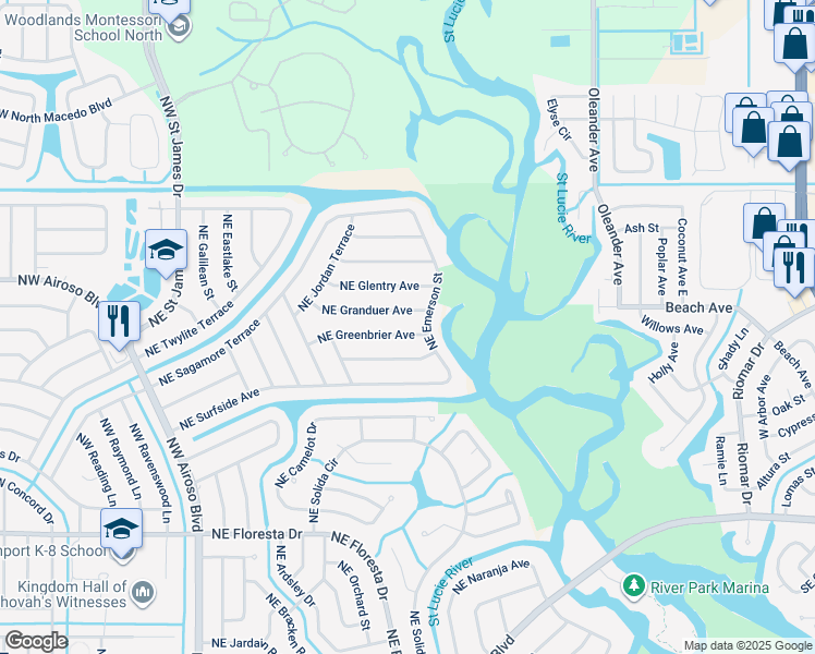 map of restaurants, bars, coffee shops, grocery stores, and more near 365 Northeast Greenbriar Avenue in Port St. Lucie