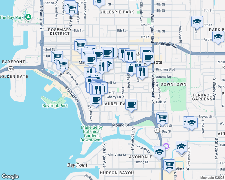 map of restaurants, bars, coffee shops, grocery stores, and more near 1725 Laurel Street in Sarasota