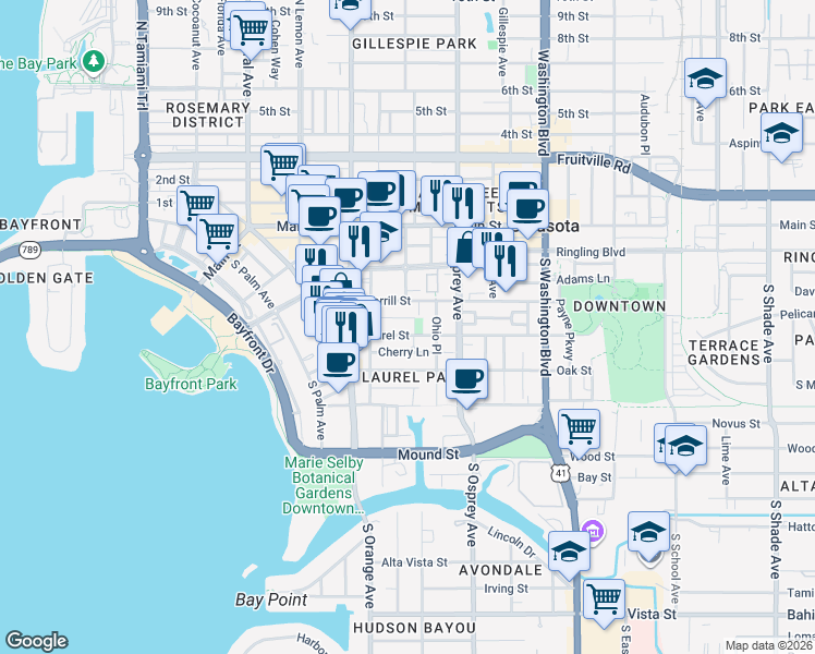 map of restaurants, bars, coffee shops, grocery stores, and more near 1725 Laurel Street in Sarasota