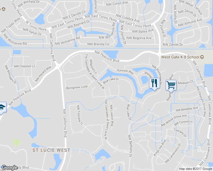 map of restaurants, bars, coffee shops, grocery stores, and more near 435 Northwest Coolwater Court in Port St. Lucie