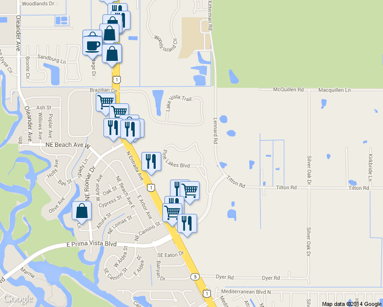 map of restaurants, bars, coffee shops, grocery stores, and more near 7279 Pine Lakes Boulevard in Port St. Lucie