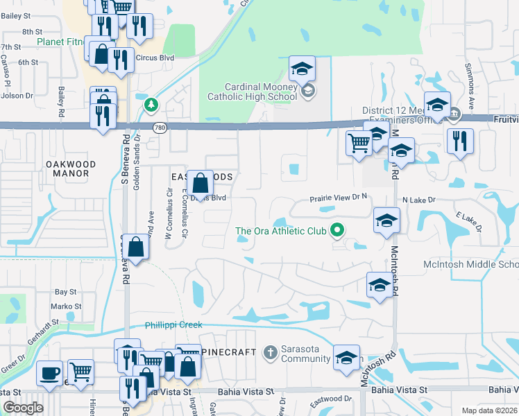 map of restaurants, bars, coffee shops, grocery stores, and more near 355 Bearded Oaks Circle in Sarasota