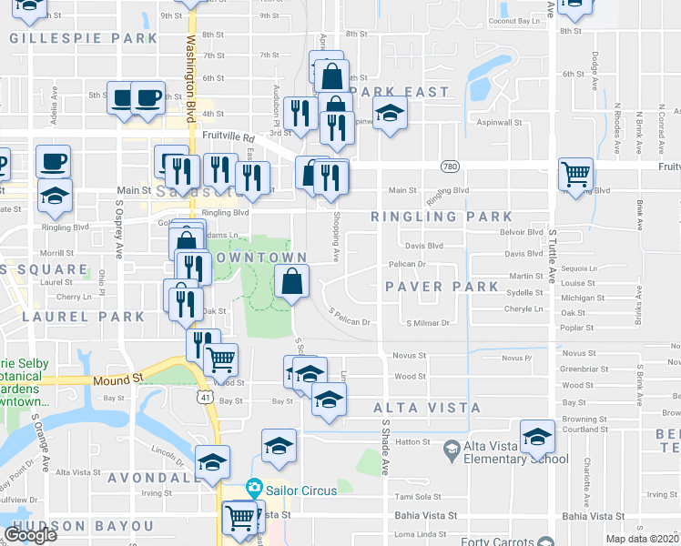 map of restaurants, bars, coffee shops, grocery stores, and more near Lime Ave in Sarasota