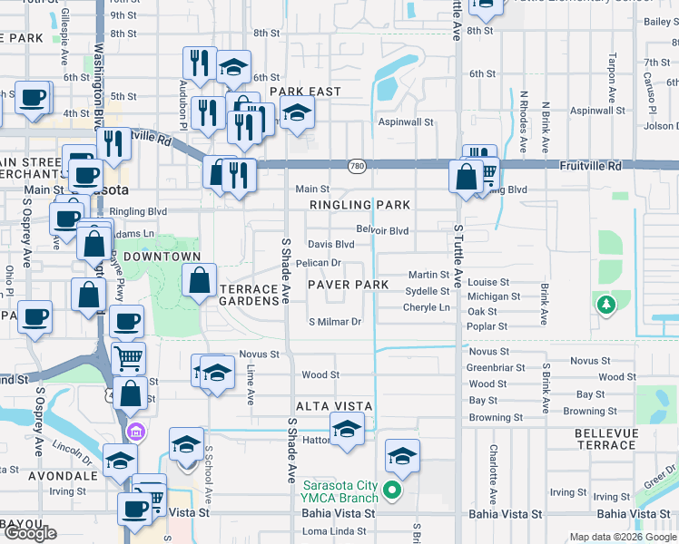 map of restaurants, bars, coffee shops, grocery stores, and more near 2559 East Paulstan Court in Sarasota