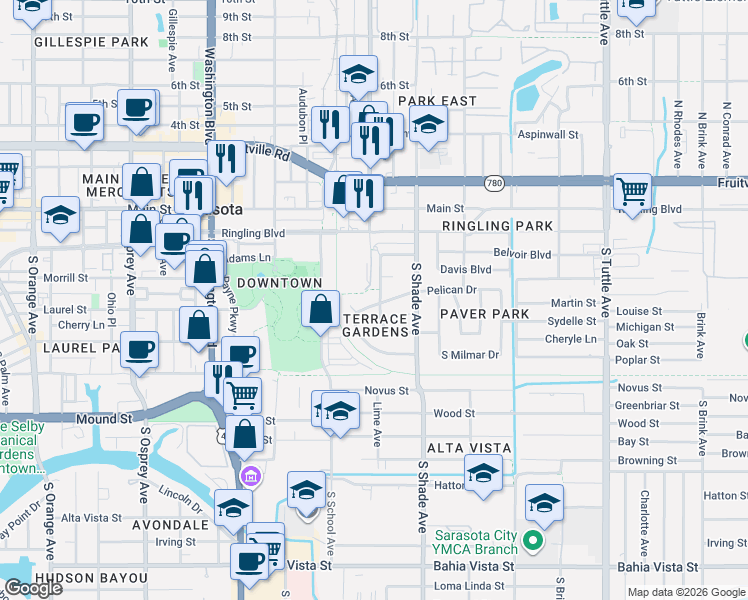 map of restaurants, bars, coffee shops, grocery stores, and more near 336 South Lime Avenue in Sarasota