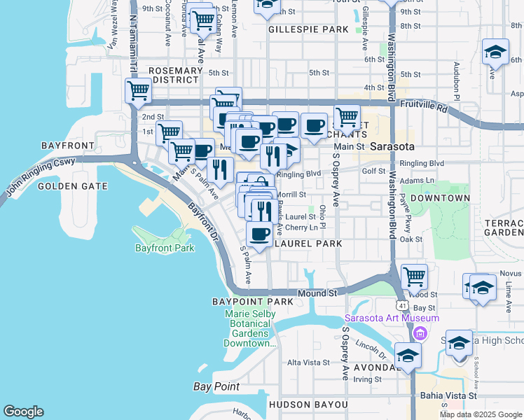 map of restaurants, bars, coffee shops, grocery stores, and more near 1530 Dolphin Street in Sarasota